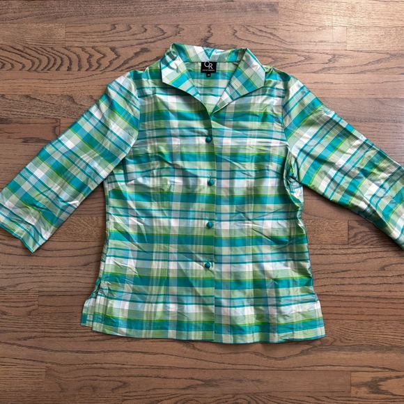 Connie Roberson XS Plaid Button Up Shirt Green Blue White Top - Picture 1 of 8